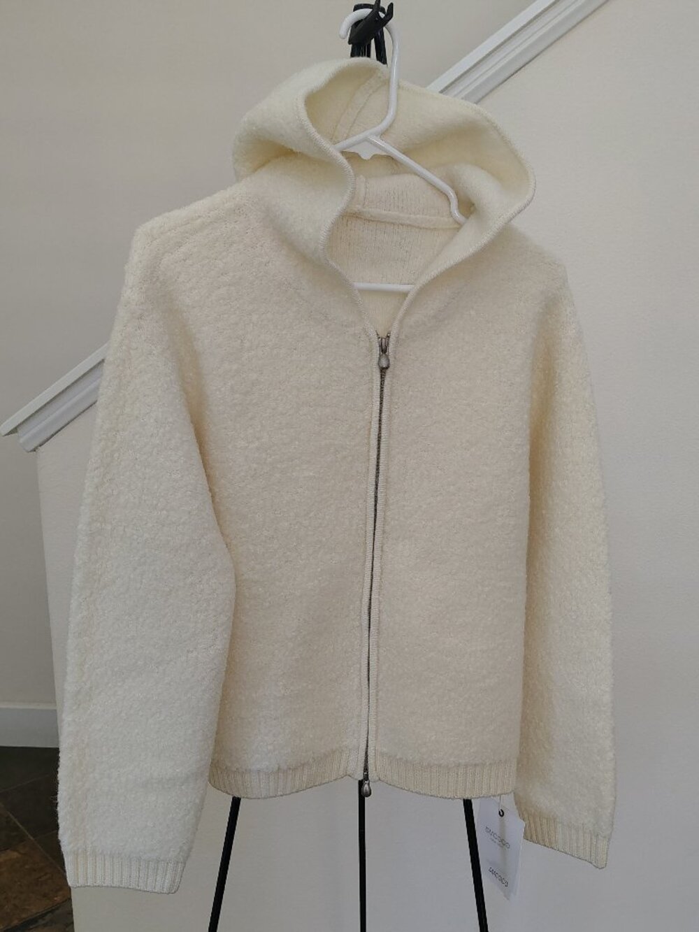 New Boucle Knit Bomber Jacket 100% Wool Sweater with Hood